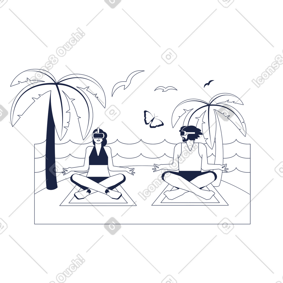 Ilustração de Meditating in lotus pose with VR headsets, Wellness technology and relaxation em no estilo Urban Line para baixar em PNG, SVG