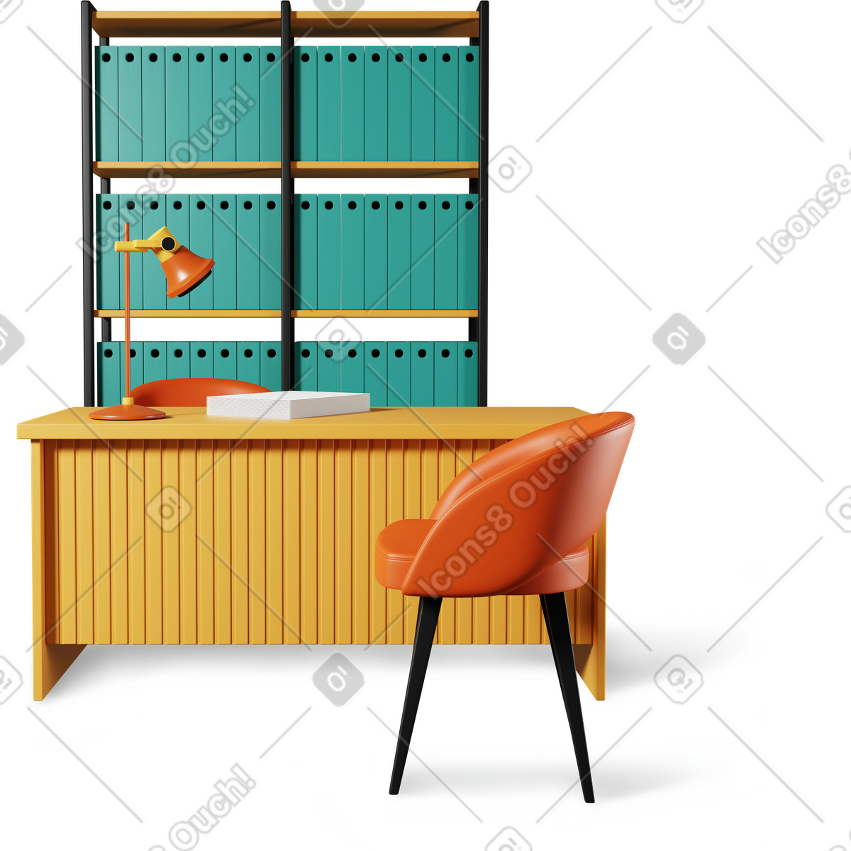 Scrivania da ufficio e scaffale con raccoglitori illustrazione in stile 3D Plastic people scarica in PNG, SVG