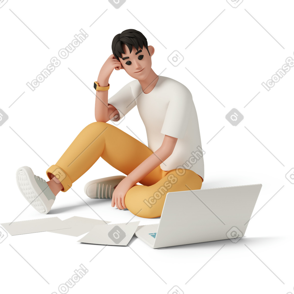 下载 3D Casual life 风格的 Young man sitting on floor near laptop 插画，支持 PNG、SVG 格式