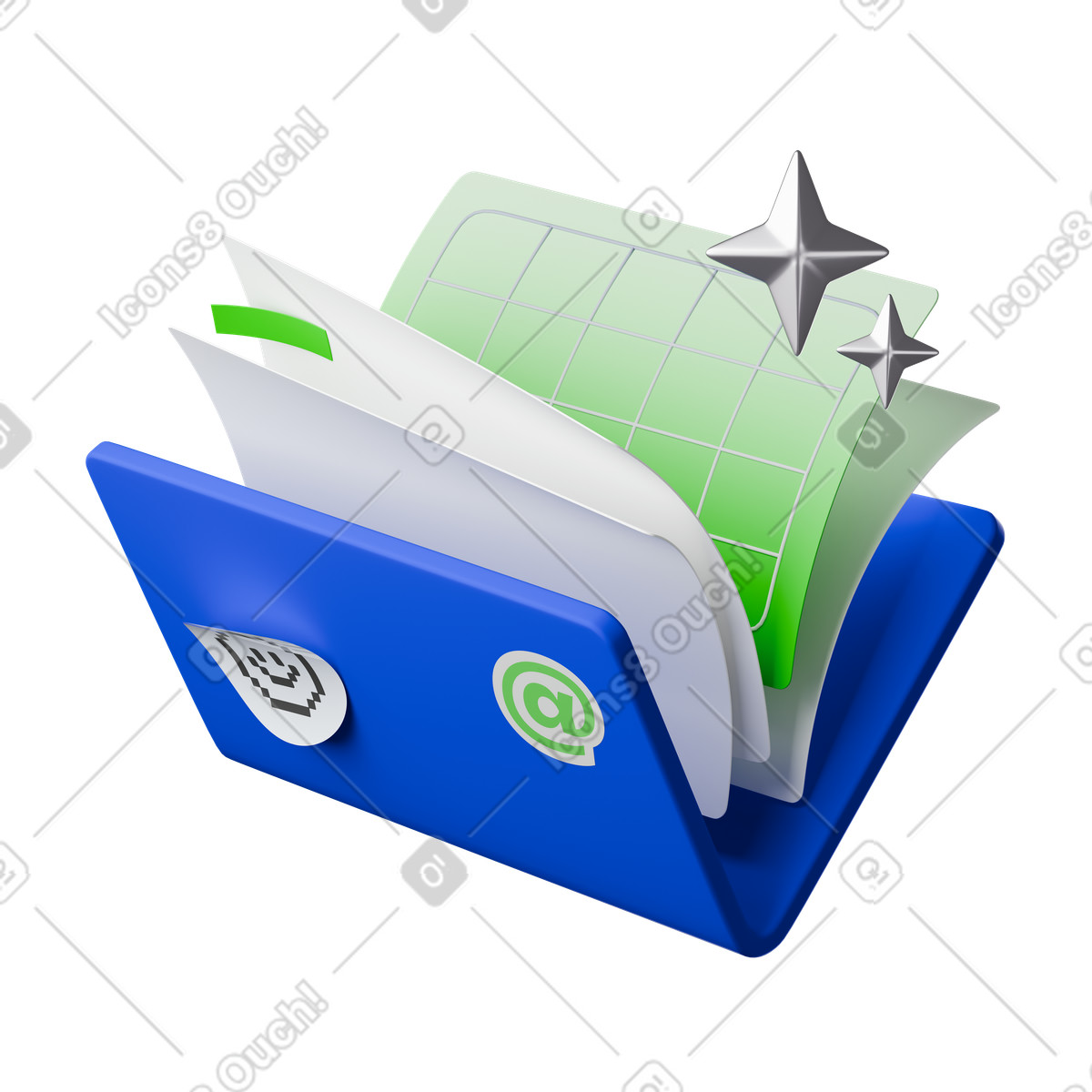 Illustration animée Dossier contenant des feuilles de calcul et étoiles brillantes pour l'organisation données dans le style 3D Stickle à télécharger aux formats GIF, Lottie (JSON), AE