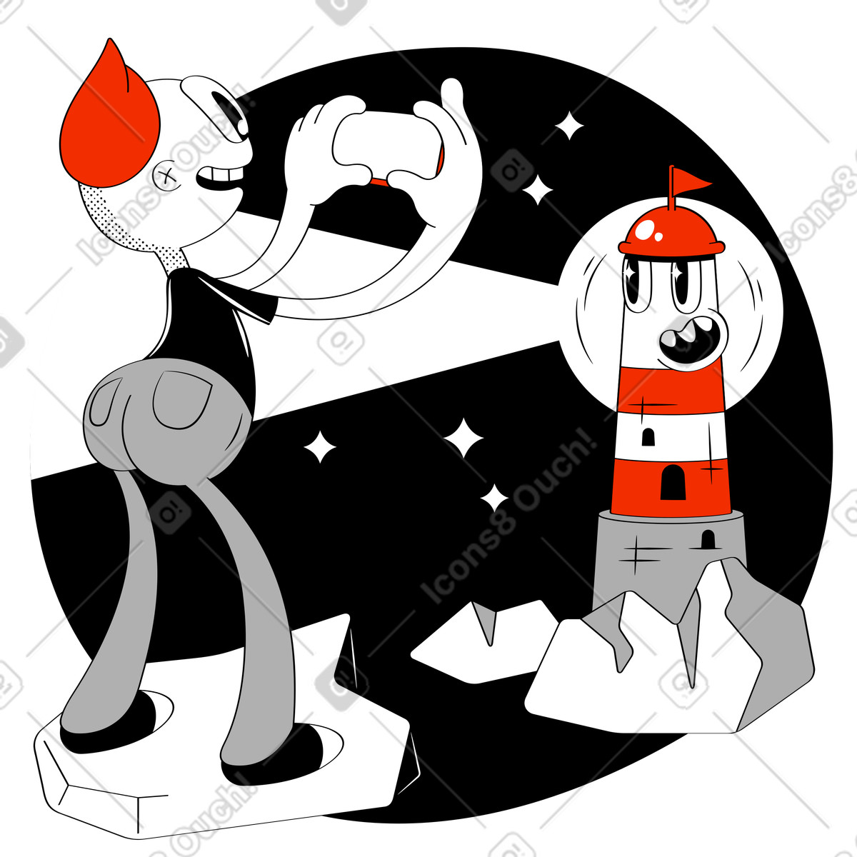Tourist takes a photo of the lighthouse-Illustration im Looney-Stil als Download in PNG, SVG