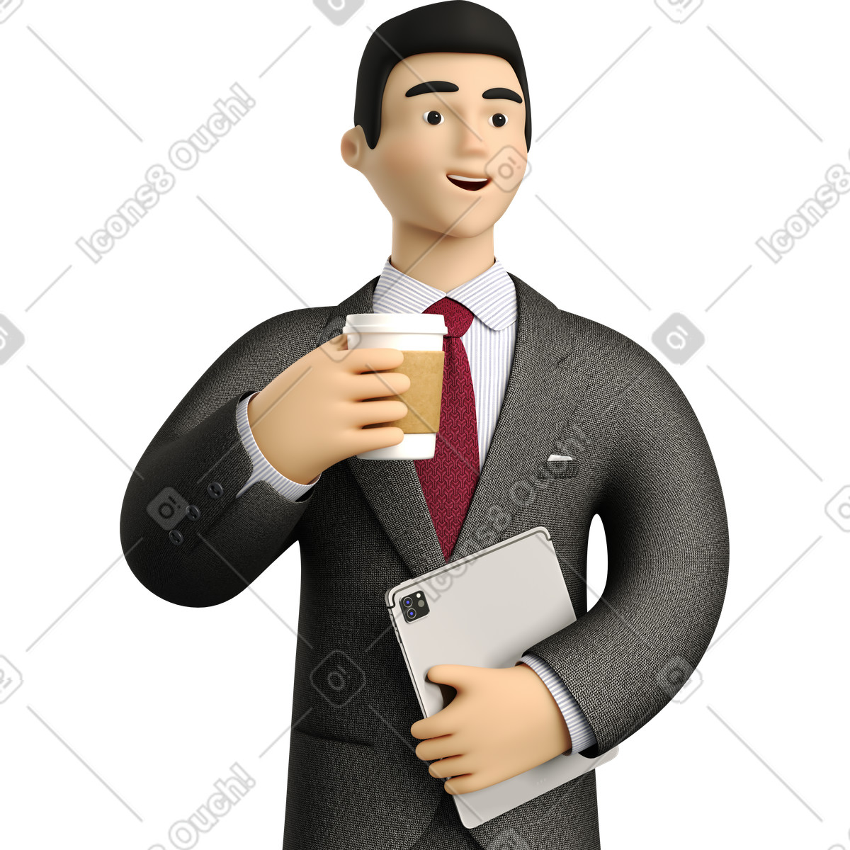 Businessman in black suit with paper coffee cup holding tablet illustration 3D Business style download PNG, SVG