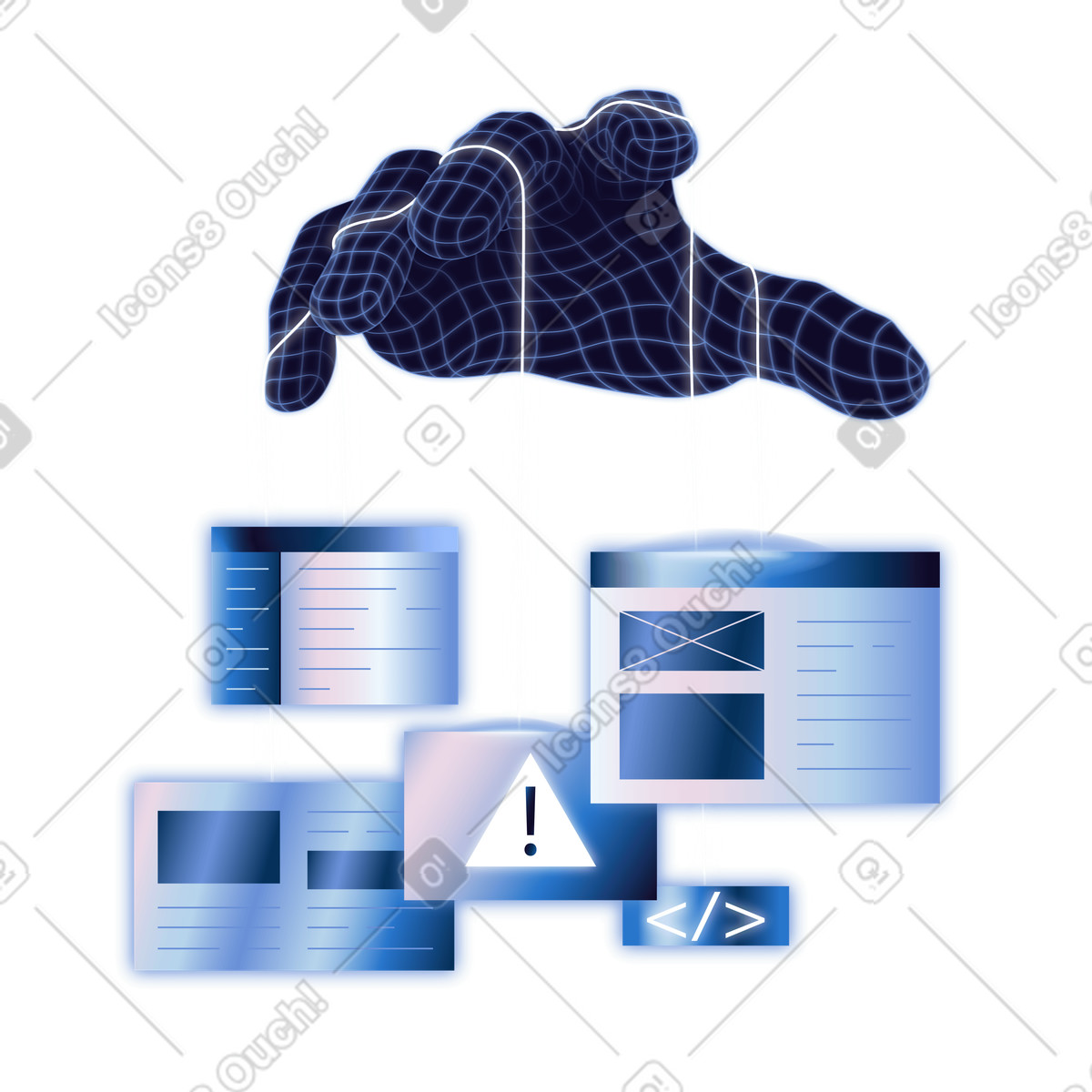 Workflow automation with code windows on strings under digital hand illustration in Dimension style download in PNG, SVG