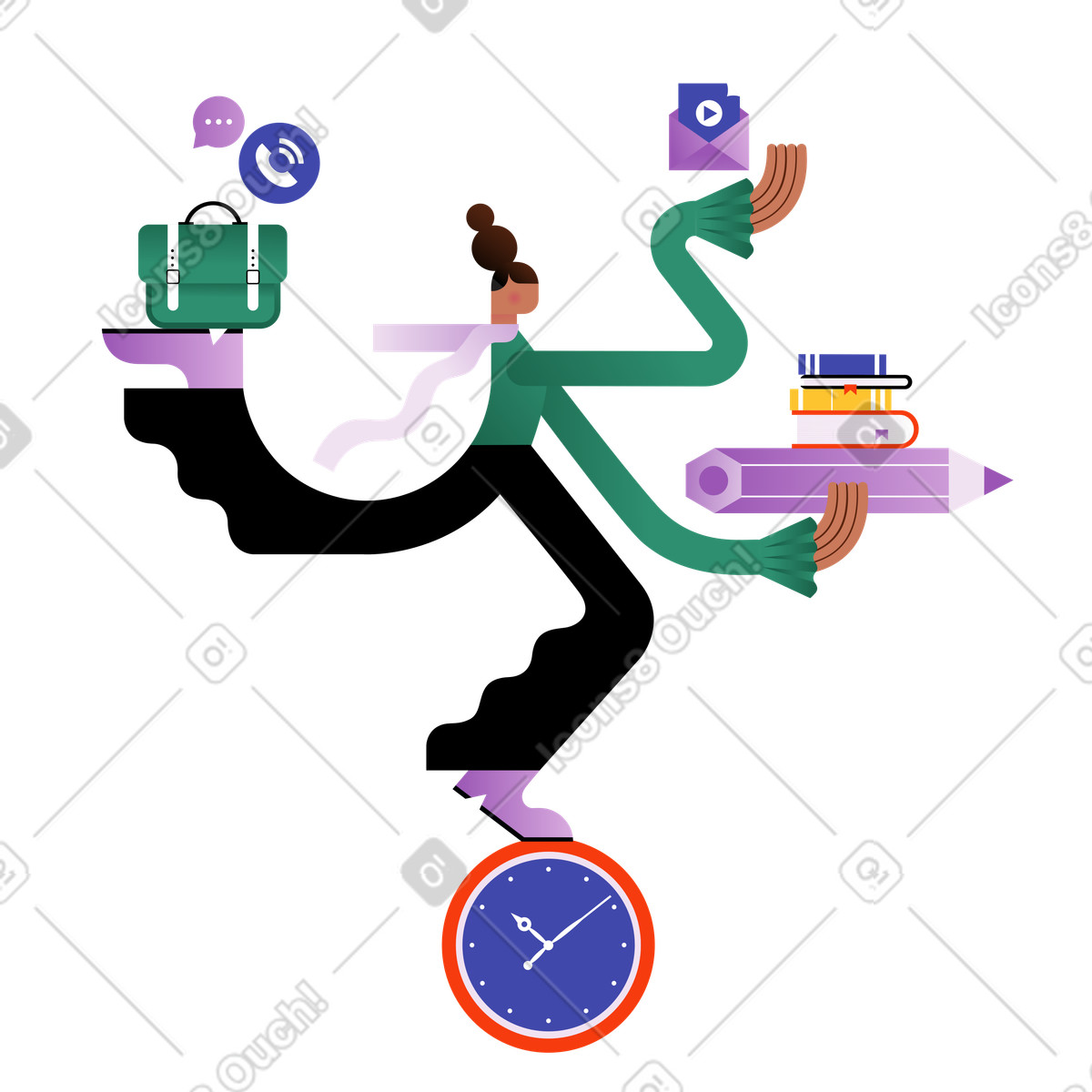 下载 Wavy 风格的 Multitasking student with books and clock, Effective time management 插画，支持 PNG、SVG 格式