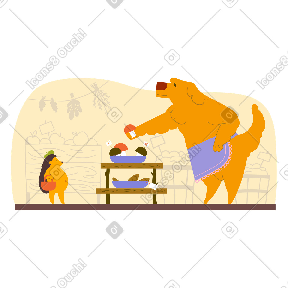Riccio che sceglie funghi in una fiera locale illustrazione stile Woof scarica PNG, SVG