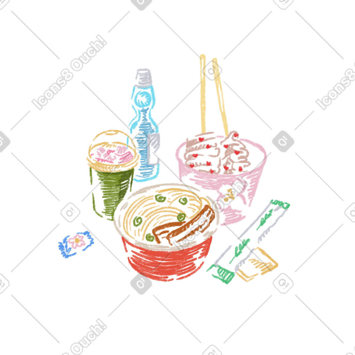 Ilustración Asian street food set en estilo Sketchbook a descargar en PNG y SVG