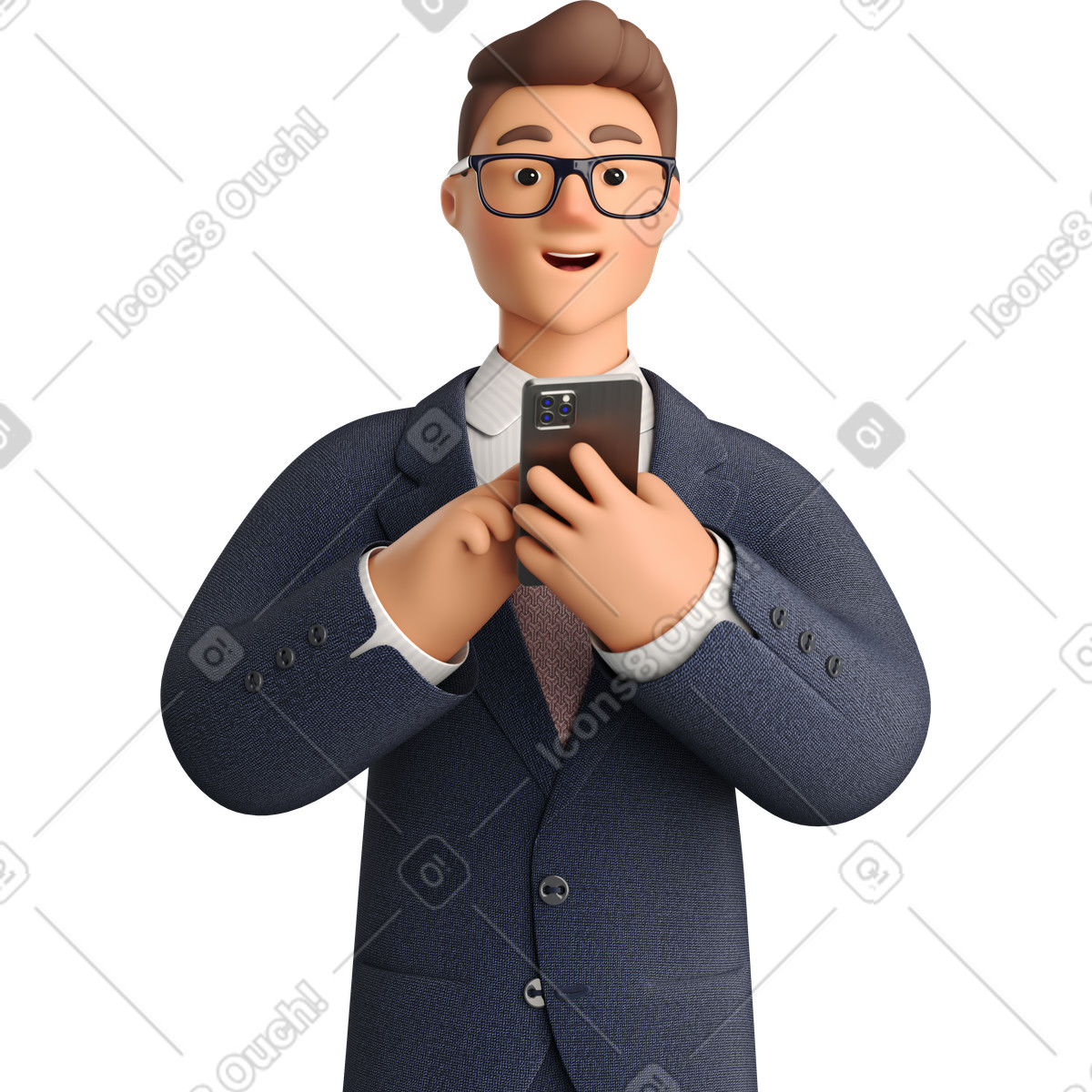 Illustration Businessman in dark blue suit with phone looking straight dans le style 3D Business à télécharger aux formats PNG, SVG