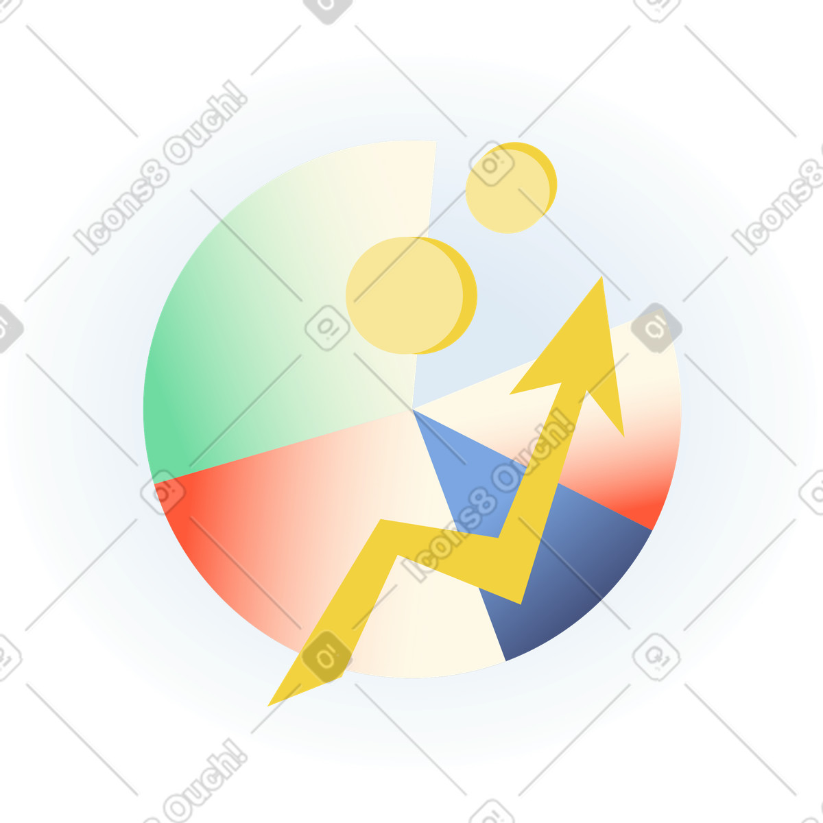 Ilustración Data analytics with pie chart, up arrow and coins en estilo Beam a descargar en PNG y SVG