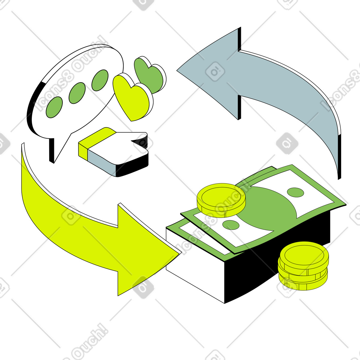 Illustration Chat bubbles and heart icons with cash, Content monetization process dans le style Isometric à télécharger aux formats PNG, SVG