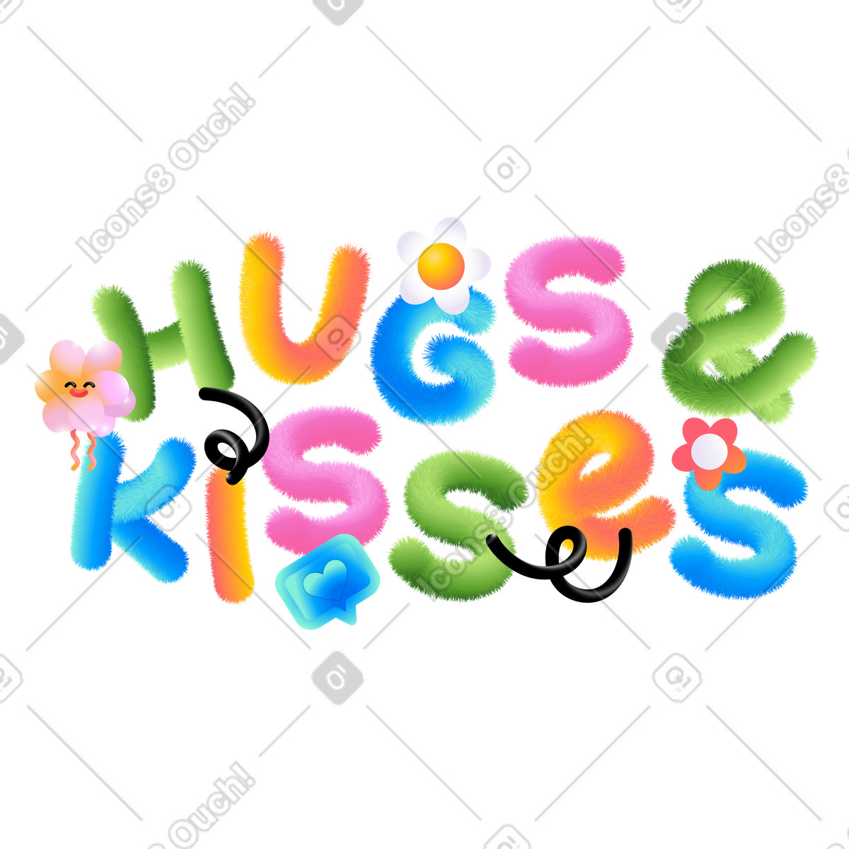 Schriftzug „umarmungen und küsse“ mit blumen schwarzem spiraltext-Illustration im Puffy-Stil als Download in PNG, SVG