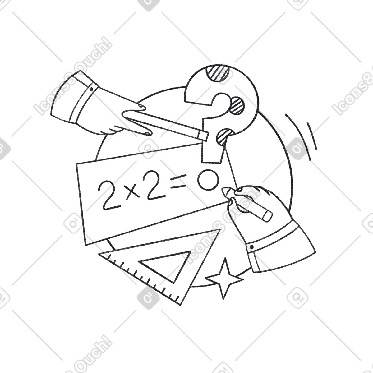 Parent helping child solve math homework by pointing at question mark illustration in Bonbon Line style download in PNG, SVG