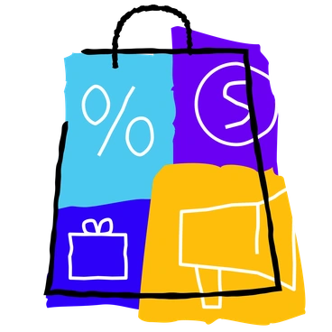 Various symbols including a percentage, gift, and megaphone - Puzzle style illustration