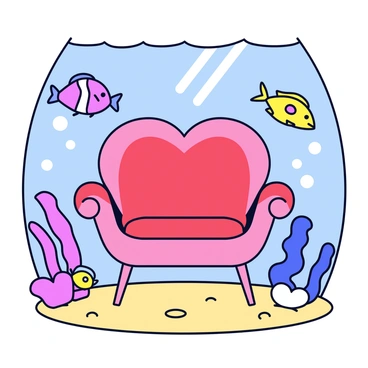 A love chair with a heart-shaped design and plush red cushions. The chair is partially submerged, surrounded by clear blue water. Colorful fish of various shapes and sizes swim playfully around the chair. Brightly colored coral formations provide a vibrant backdrop, and soft rays of sunlight filter through the water, creating shimmering patterns on the sandy ocean floor.