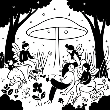 A circle of fairies with delicate wings gathered around a large, oversized mushroom emitting a soft glow. Each fairy is intricately detailed, with unique clothing and accessories made from leaves and flowers. Some fairies are sitting on toadstools or moss, while others are hovering in the air, engaged in animated discussion. Twinkling lights and small woodland creatures can be seen in the background, adding to the enchanting atmosphere of the scene. The forest is dense with trees and foliage, creating a sense of seclusion and magic.