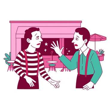 Two mimes in a pink and teal color scheme are engaged in a humorous silent argument in front of a small café. One mime has a white face and is wearing a black and white striped shirt, with red suspenders, using exaggerated hand gestures to express frustration. The other mime, also with a white face, is dressed in a teal shirt and is dramatically rolling their eyes while mimicking a large gesture of disbelief. Behind them, the café has a small outdoor seating area with round tables and colorful chairs, adding to the lively atmosphere of the scene.