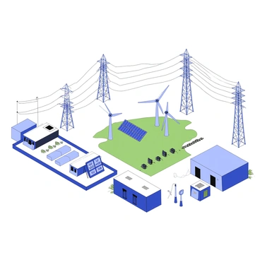 A detailed illustration showing the components of a modern power grid. The image features transmission lines stretching across the scene, connecting various substations. In the foreground, there are tall utility poles with insulators and power lines running between them. Multiple substations are depicted, with transformers and switchgear visible. Wind turbines and solar panels are situated in a green landscape, indicating renewable energy sources. An energy storage facility is shown, with batteries and control systems. Additionally, there are residential buildings connected to the grid, with electric meters visible. The overall composition is organized to showcase the interconnectedness of all these components.