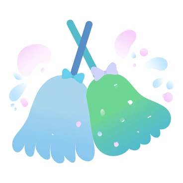 A duo of mops, one blue and one green, sharing a laugh while leaning on each other