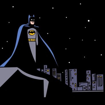 A tall figure dressed as "Batman" with a dark cape and cowl stands on a rooftop. The cityscape of "Gotham City" is visible in the background, featuring tall buildings and a dark, starry sky. "Batman" gazes intently into the distance, with a serious expression. The rooftops are bathed in shadows, and the city lights glow faintly, creating a dramatic atmosphere. The iconic silhouette of "Batman" contrasts against the skyline, emphasizing his vigilant presence in the night.