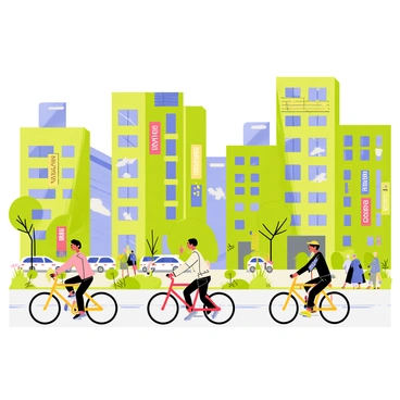 A vibrant eco-friendly city with tall green buildings covered in plants and solar panels. People are commuting on bicycles of various colors, including red, blue, and yellow, moving along designated bike lanes. The streets are filled with trees and flower beds, and colorful banners hang from the buildings promoting sustainability. In the background, electric cars are parked, and a group of pedestrians can be seen walking alongside the cyclists. The sky is clear blue, adding to the lively atmosphere of the scene.