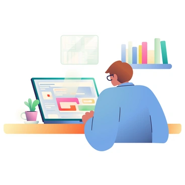 A freelancer with short brown hair and glasses is sitting at a wooden table in a café, focused on their laptop which is open to an online illustration job board. They are wearing a casual blue shirt. Beside the laptop, there is a steaming white coffee cup with a saucer. The café has soft ambient lighting, and a small bookshelf filled with various books can be seen in the background. A potted plant sits on the table, adding a touch of greenery to the scene.