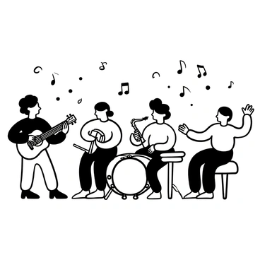 A group of five cartoonish cells, each with distinct features, arranged to form a music band. One cell is playing a guitar, another is holding drumsticks and sitting at a drum set. A third cell is blowing into a saxophone, while a fourth cell is playing the keyboard. The fifth cell is waving its arms energetically as if conducting the band. Musical notes are floating in the air around them, adding to the lively atmosphere.