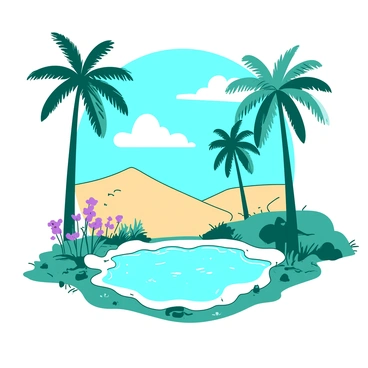 A teal desert oasis features several tall palm trees swaying gently in the breeze. In the center, there is a tranquil pool of clear water, reflecting the blue sky above. Surrounding the pool are smooth stones and patches of green grass, providing a contrast to the sandy landscape. A few colorful flowers bloom beside the pool, adding splashes of color against the serene scene. The sunlight casts soft shadows from the palm trees onto the water's surface.