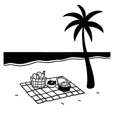 A deserted beach with soft sand and gentle waves lapping at the shore. There is a lone picnic setup situated on a checkered blanket spread across the sand. In the center of the blanket, there is an open tin of fish, surrounded by a few simple utensils. Nearby, a wicker basket holds some rustic bread and a small bottle of water. A single palm tree leans slightly in the breeze, casting a long shadow over the picnic area. In the distance, the horizon meets the sea under a clear sky.