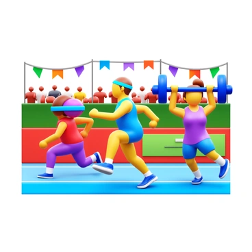 A vibrant scene depicting an athletic competition featuring "lysosomes" as anthropomorphic characters. Each "lysosome" character is uniquely designed with distinct colors and patterns representing different sports. One "lysosome" is sprinting on a track, wearing a headband and sneakers. Another "lysosome" is performing in a long jump event, captured mid-air as it leaps. A third "lysosome" is competing in a weightlifting event, showcasing its strength with weights above its head. The background includes a cheering crowd and colorful banners, adding energy to the competition atmosphere.