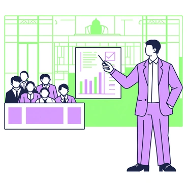 A lawyer stands confidently in a courtroom, presenting evidence to the jury. The lawyer has short, neatly styled hair and wears a tailored suit, complete with a crisp shirt and polished shoes. In the lawyer's right hand, there is a pointer used to emphasize details on a large display board. The board showcases a detailed chart with several bars and lines clearly marked. In the background, the jury is seated in a semicircle, attentively listening, with expressions of focus on their faces. The wooden courtroom features high ceilings, large windows, and a judge's bench at the front.