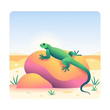 A green lizard with textured scales is basking on a large, sun-drenched rock in the middle of a desert landscape. The rock is irregularly shaped, with rough edges and warm tones reflecting the intense sunlight. Surrounding the rock, the sandy ground is dotted with small, dry shrubs and patches of golden sand stretching into the distance. The clear blue sky above provides a stark contrast to the earthy colors of the desert terrain. The lizard is positioned with its body stretched out, absorbing the heat from the rock, while its tail curls slightly behind it.
