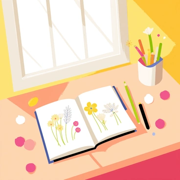 A wooden desk with a smooth surface, covered with an array of colorful flower petals in shades of pink, yellow, and white. An open sketchbook sits on the desk, displaying detailed pencil drawings of various flowers and plants. A few art supplies, including colored pencils and a paintbrush, are scattered around the sketchbook, enhancing the creative atmosphere. Sunlight streams through a nearby window, illuminating the scene and casting soft shadows across the desk.