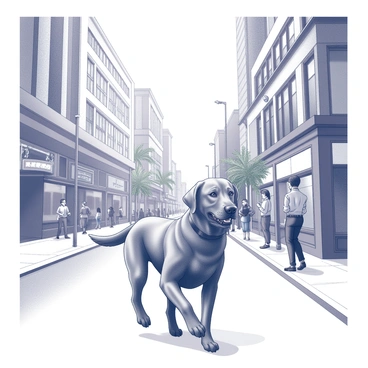 A Labrador retriever is walking along a bustling city street. The dog has a shiny coat and a happy expression, its tail wagging energetically. Surrounding the dog are tall buildings made of concrete and glass, creating a sense of height and urban environment. People are visible in the background, some engaged in conversation, while others are headed towards various shops and restaurants. The pavement is busy, with a few scattered trees adding greenery to the scene. Streetlights line the sidewalk, adding to the urban atmosphere.