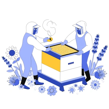 Beekeepers gently extracting honey from a beehive in a vibrant garden.