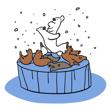 A group of playful polar bears and seals on a large, floating iceberg. The polar bears have white fur, with one bear standing on its hind legs, while the others are playfully rolling around. Several seals are lounging on the iceberg, some splashing in the icy water nearby. The iceberg is jagged and surrounded by shimmering blue water, reflecting the clear sky above. Snowflakes are gently falling around the scene, adding to the arctic atmosphere.