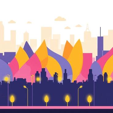 A city skyline with various rooftops designed to resemble butterfly wings. The rooftops display vibrant colors, with hues of orange, purple, and pink blending into one another, reflecting the dusk sky. Silhouettes of tall buildings create a striking contrast against the colorful horizon. Soft clouds scatter across the sky, illuminated by the fading sunlight. Below, streets are lined with small trees, and a few streetlights begin to glow softly, adding a warm yellow light to the scene.