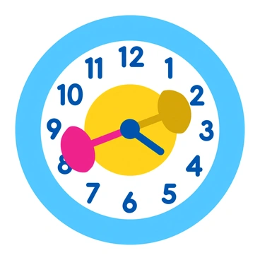 A round wall clock featuring a vibrant face with bold colors. The clock has two dumbbells as its hands, one pointing at "3" and the other at "9". Each dumbbell is rendered in bright shades, with the weights on each end clearly defined. The clock numbers are large and easy to read, arranged around the circumference of the clock face. The background of the clock is a gradient, transitioning from light blue at the top to white at the bottom. The overall look is playful and energetic, reflecting a unique concept of fitness and timekeeping.