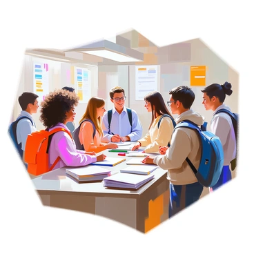 A busy registrar's office filled with college students registering for classes. Several students of diverse backgrounds are gathered around a large counter, with some standing in line while others converse with staff members. One student with curly hair is filling out a registration form, while another with glasses is asking a question to a friendly staff member. The office is decorated with academic posters, and there are stacks of brochures on a nearby table. Excitement and anticipation can be seen on the students' faces as they prepare for the upcoming semester.