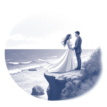 A bride and groom stand on the edge of a cliff, overlooking a turbulent ocean with waves crashing against the rocks below. The bride is wearing an elegant wedding dress that flows gracefully in the wind, while the groom is in a classic suit. Their expressions are filled with joy and love as they face each other, hands intertwined. The sky above is overcast, casting a dramatic light on the scene, highlighting the couple's silhouette against the powerful backdrop of nature. The rugged cliffside is adorned with sparse vegetation, adding texture to the rocky terrain.