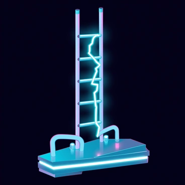 A Jacob's ladder device featuring a pair of metallic rods, each standing vertically and parallel to each other. An electric arc emits a bright, pulsating blue light, climbing continuously upwards between the rods. The base of the device has a sleek, modern design with glowing elements that enhance its futuristic appearance. The background is dark to highlight the vivid glow of the electric arc and the shiny surfaces of the rods, creating a dramatic contrast that emphasizes the motion of the climbing arc.