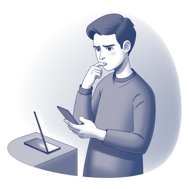 A person is standing in a dimly lit room, positioned next to a wooden table where a smartphone is ringing. Their body is slightly turned away from the phone, with one hand raised to their face, fingers touching their lips, indicating hesitation. The other hand is resting at their side, clenched into a fist, showcasing a sense of anxiety. The expression on their face is tense, with furrowed brows and wide eyes, reflecting uncertainty and reluctance to engage in communication. The background is minimal, focusing on the person and the phone.