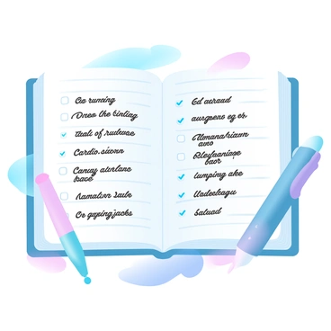 A notebook is open, displaying several handwritten entries detailing cardio workouts. The page is filled with organized sections, each listing different exercises such as "running," "jumping jacks," and "burpees." There are also checkboxes next to each entry, some marked with a check. The notebook has a textured cover, and a colorful pen is resting beside it. The background features a soft gradient of pastel colors, enhancing the focus on the notebook and its contents.