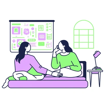 A girl with long hair is sitting on her bed, looking thoughtfully at a vision board on the wall in front of her. The vision board is filled with images and words that represent her dreams and aspirations. The bed is neatly made with colorful bedding and a couple of decorative pillows. To the right of the girl, there is a small bedside table with a lamp and a few books stacked on it. The room is softly illuminated by natural light coming through a nearby window, creating a warm and inviting atmosphere.