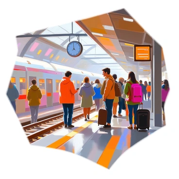A bustling train station platform filled with diverse passengers. Men and women of various ages are standing close together, their expressions displaying anticipation as they gaze down the tracks. Some are holding luggage, while others are checking their watches or looking at their phones. The platform is lined with benches, and a large clock hangs overhead, marking the time. The atmosphere is lively with the sounds of conversations and the distant whistle of an approaching train. The surrounding architecture features tall columns and a glass roof, allowing natural light to illuminate the scene.