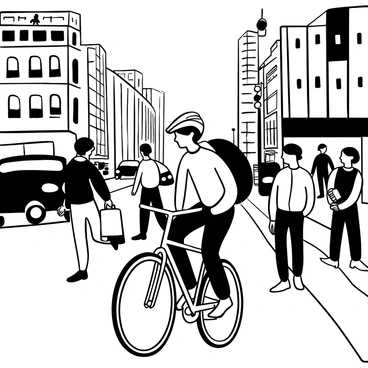 A cyclist dressed in a helmet and athletic gear is riding a sleek bicycle down a busy city street. Surrounding the cyclist, pedestrians are walking on the sidewalk, some carrying shopping bags, while others are engaged in conversation. Skyscrapers rise high in the background, their windows reflecting the urban landscape. There are vehicles on the road, including cars and buses, as well as traffic lights indicating movement. The scene is filled with the dynamic energy of a metropolitan environment.