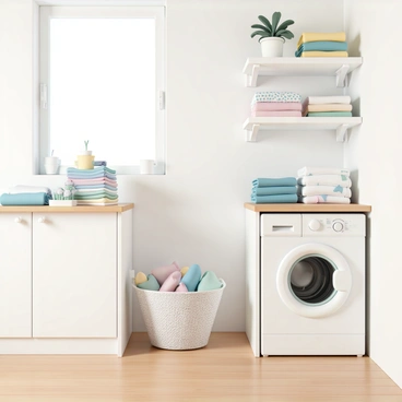 A clean laundry area with bright white walls and polished wooden flooring. In the center, there is a modern washing machine, seamlessly integrated into a cabinetry unit. To the side, a large basket filled with freshly folded linens, showcasing vibrant colors and patterns. Neatly folded clothes are stacked on a countertop, organized by color and size. Soft, natural light floods the space, enhancing the tidy atmosphere. A few decorative plants are placed on the shelves, adding a touch of greenery to the clean environment.