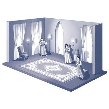 A stage set for a theatrical performance. In the center, a richly decorated rug covers the floor, displaying intricate patterns and designs. Actors are positioned on the rug, engaged in their roles. They wear elaborate costumes that reflect the period of the play, complete with detailed accessories. The background features ornate curtains and props that enhance the theatrical atmosphere. The lighting focuses on the actors, casting distinct shadows and drawing attention to their expressions and movements.