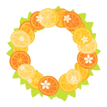 A vibrant wreath formed by circular slices of orange and lemon arranged in a circular pattern. The wreath is adorned with delicate white blossoms interspersed among the citrus slices. The bright colors of the orange and yellow citrus contrast with the soft white of the flowers, creating a cheerful and fresh appearance. The wreath has a lush green base, enhancing the overall vibrancy and adding depth to the composition.