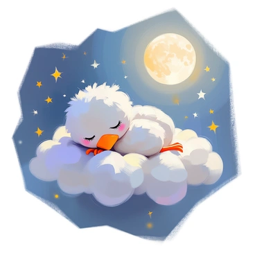 A dreamlike scene of a dodo bird sleeping on a cloud, surrounded by stars and the moon