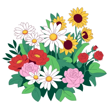A mural depicts a vibrant garden filled with oversized flowers in full bloom. The flowers display varying sizes and shapes, showcasing petals in rich details and patterns. Among the blooms, there are large daisies with wide white petals and bright yellow centers, towering sunflowers with bold orange and yellow hues, and delicate roses in shades of pink and red. The background features lush green leaves that complement the colorful flowers, enhancing the overall vibrancy of the scene. The mural invites viewers to immerse themselves in this lively and flourishing garden.