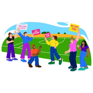 A group of parents standing on the sidelines of a sports field, each holding colorful homemade signs with encouraging messages like "Go Team!" and "We Love You!" The parents are dressed in casual clothing, showing enthusiasm with bright smiles and excited expressions. Some parents are clapping their hands and jumping up and down, while others are waving their signs energetically. The background shows a soccer field with a game in progress, highlighting a lively atmosphere filled with teamwork and support.